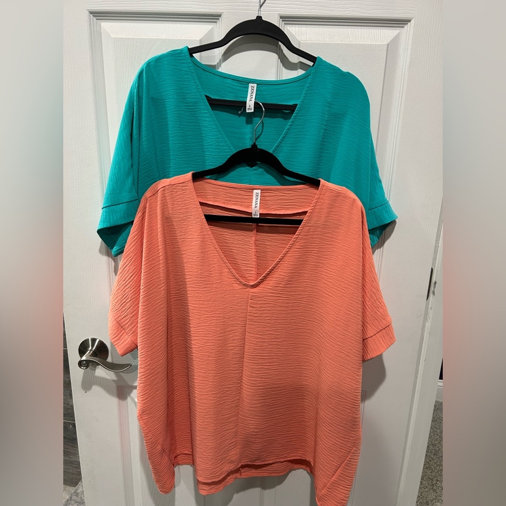 Set of 2 Zenana Airflow Coral and Teal V-Neck Blouses - Picture 2 of 8